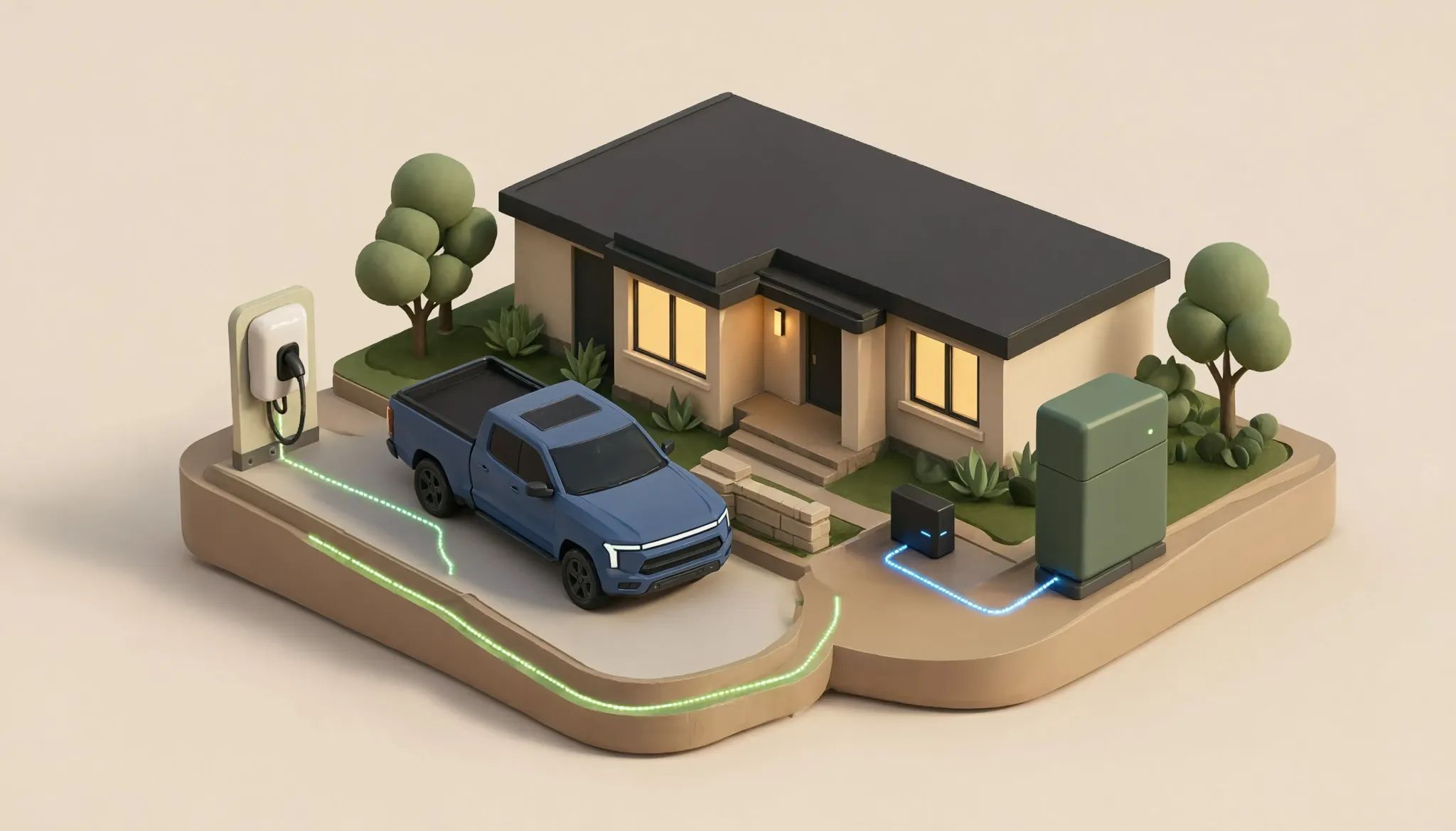 Conceptual illustration of an electric pickup, home, wall connector, gateway, and closed service panel.