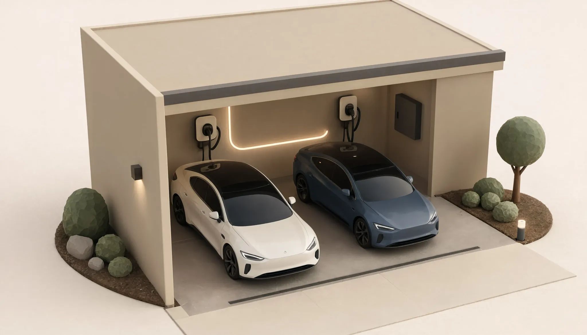 Conceptual illustration of two wall connectors, two parked EVs, and a closed service panel.