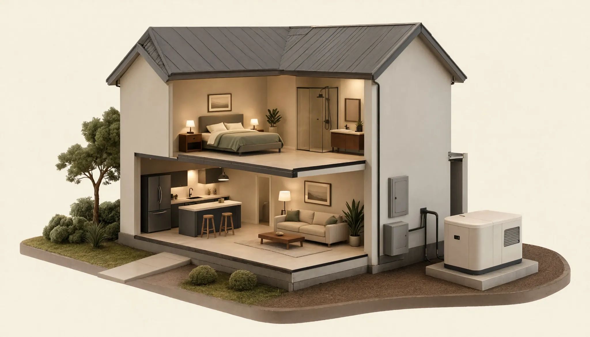 Conceptual illustration of a home, standby generator, transfer equipment, and protected loads.