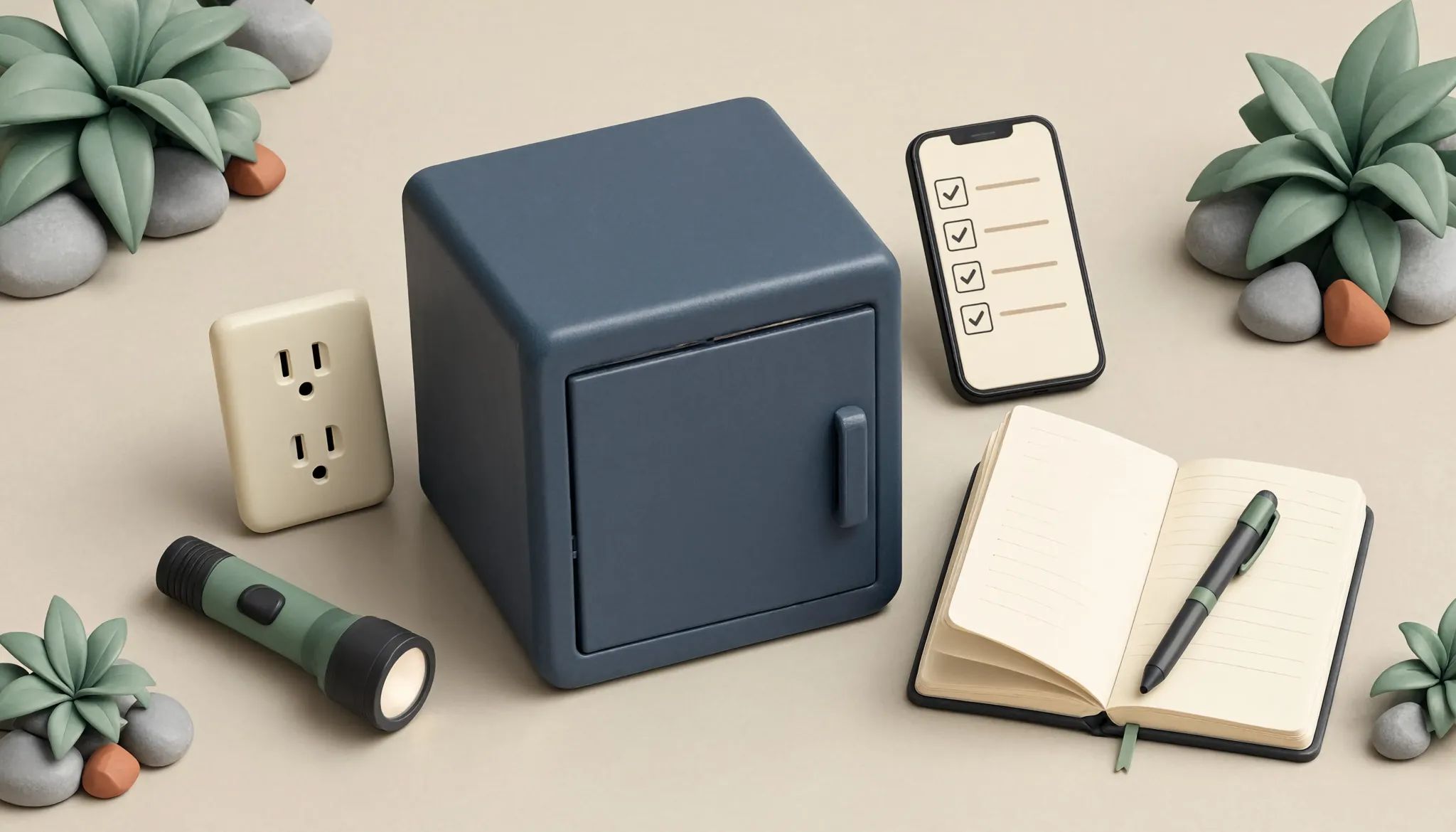 Closed electrical panel, outlet, phone, flashlight, and notebook for documenting a repair issue safely.