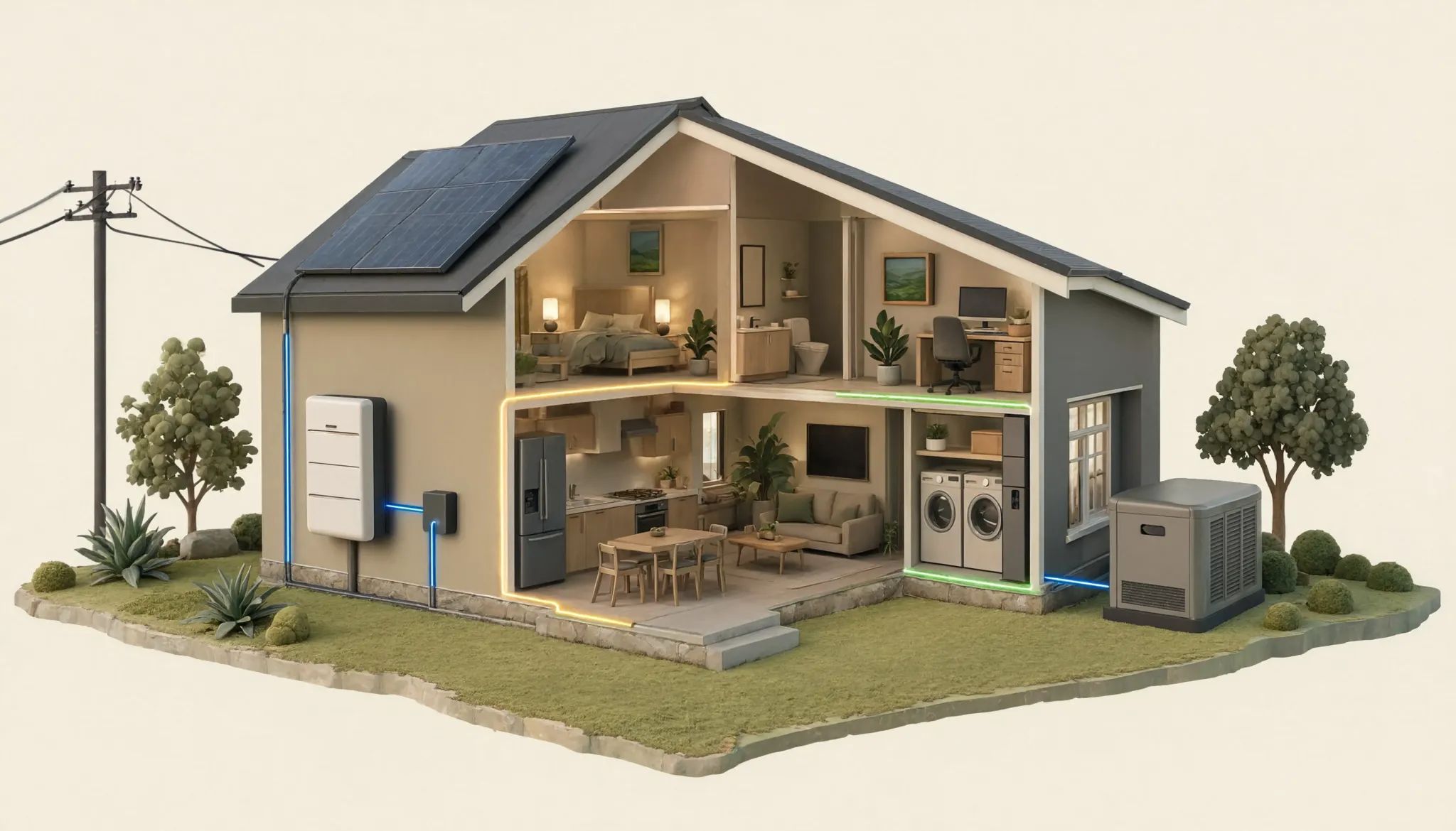 Conceptual comparison of a home battery, standby generator, and combined backup design serving protected loads.