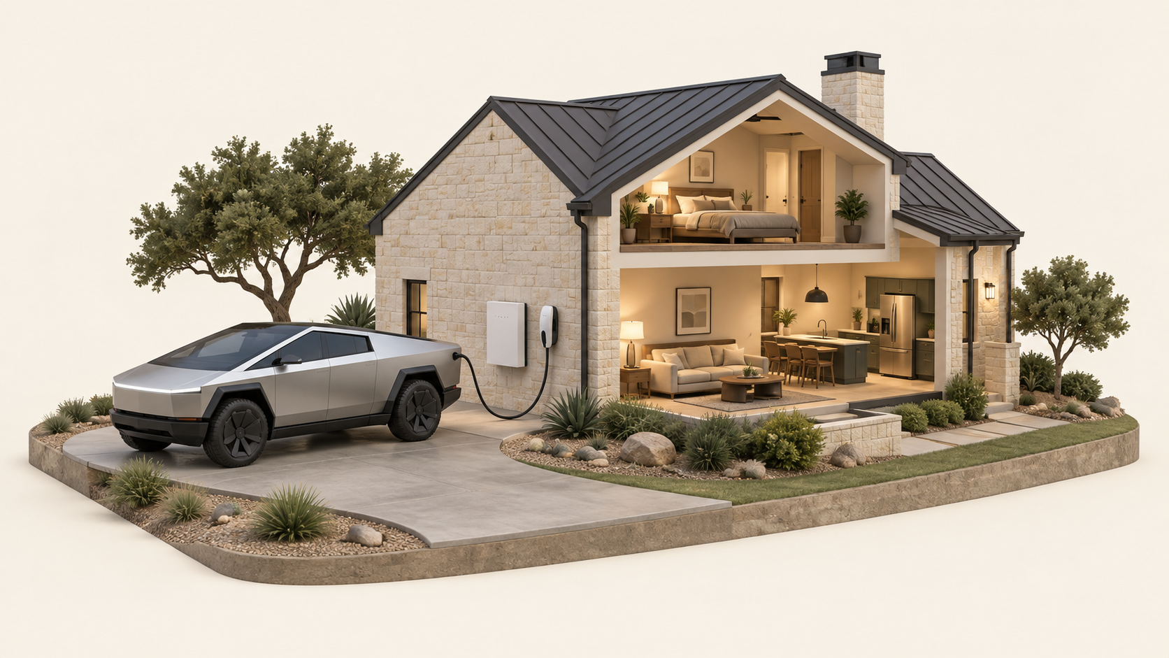 Conceptual miniature illustration of a Cybertruck connected to a Powershare system beside a warmly lit Texas home.